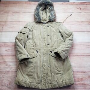Bossini Coat Womens S Beige Hooded Fur Trim Parka Lined Button Mid-Length‎
